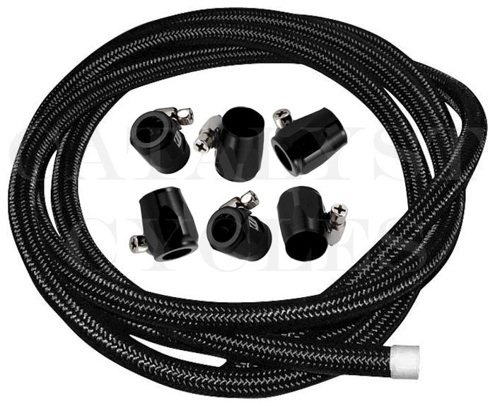 BLACK FABRIC BRAIDED HOSE AND CLAMPS 6ft BRAIDED FUEL LINE OR OIL LINE